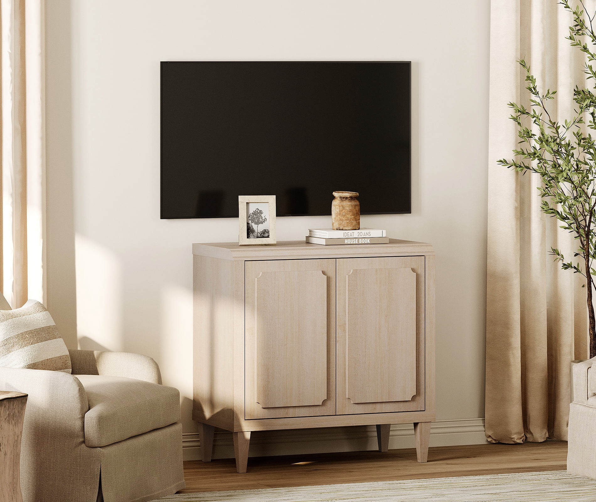 WAMPAT Mid Century Modern TV STAND, Wood Entertainment Center with Embossed Doors