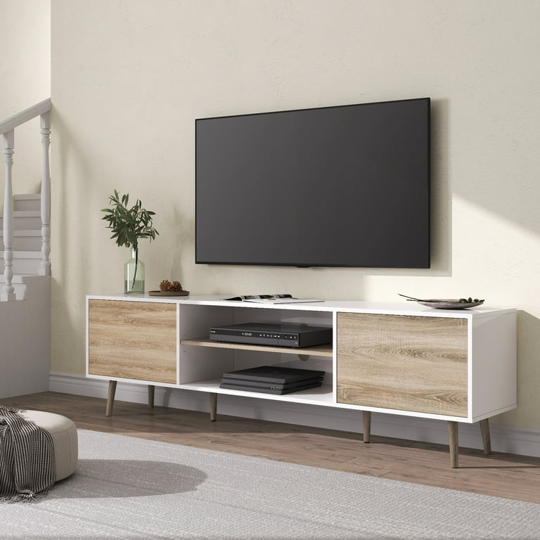 WAMPAT 70 Mid Century TV Stand Storage Cabinet White Oak Fits up to 75 TVs Walmart