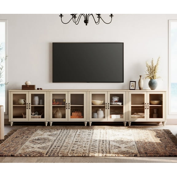 100" TV Stand, Ample Storage Cabinet with 8 Glass Doors, Wooden Entertainment Center Storage Cabinet for Living Room or Dining Room or Bedroom, Beige