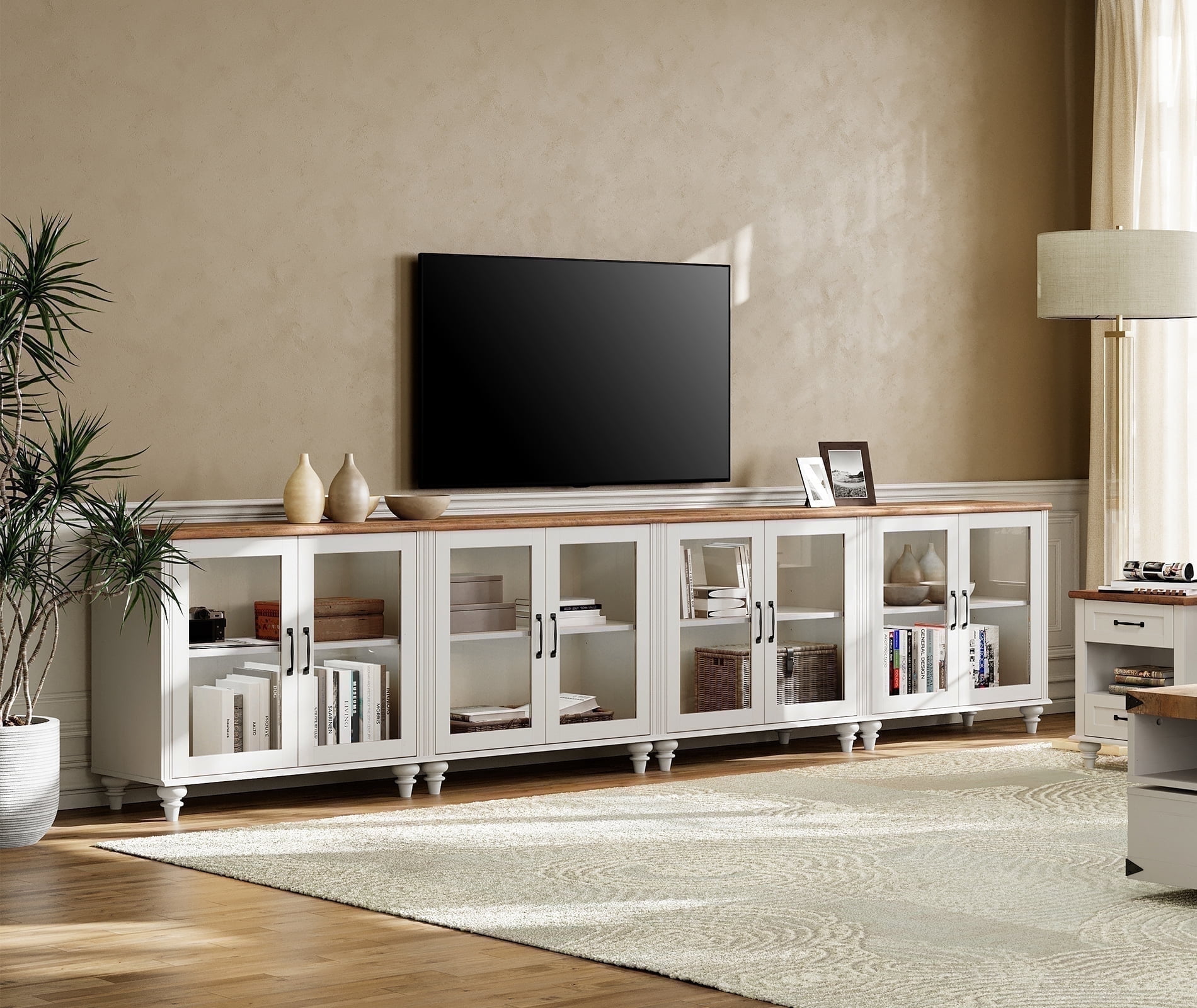 Mid Century Morden Style TV Stand for 100 Inch, Ample Storage Cabinet with 8 Glass Doors, Wooden Entertainment Center Storage Cabinet for Living Room or Dining Room or Bedroom, Off White