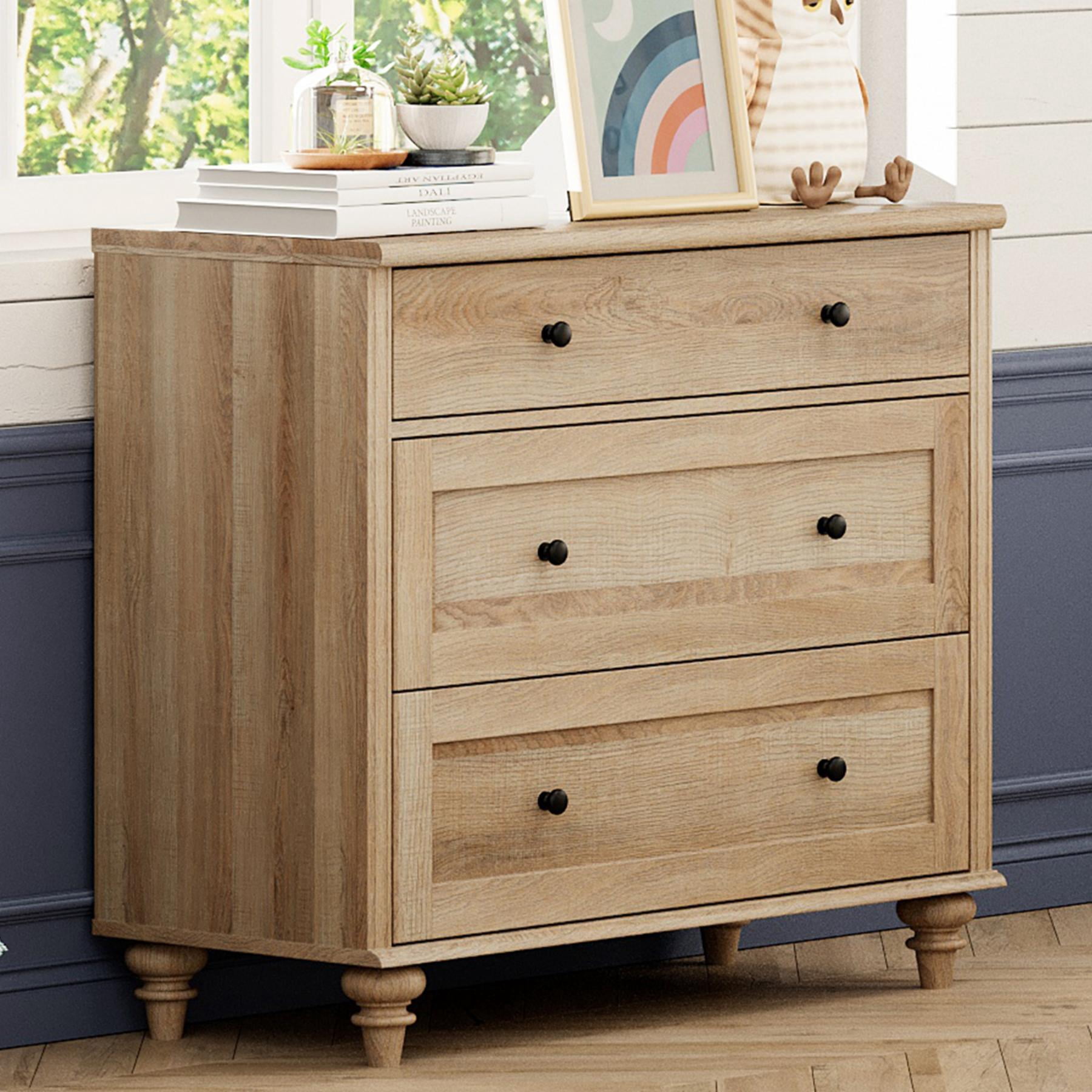 WAMPAT Mid Century Oak Dresser, 3 Wide Drawers Wooden Storage Chest for Home