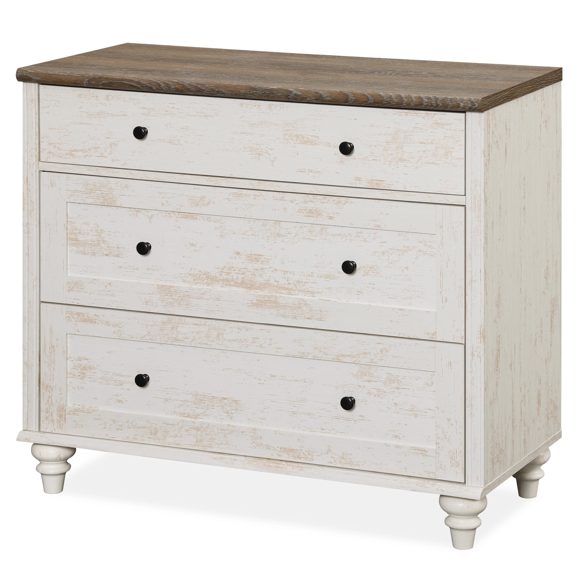 WAMPAT Mid Century Rustic White Dresser, 3 Wide Drawers Wooden Storage Chest for Home