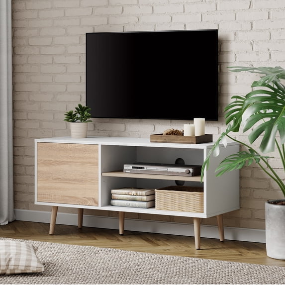 WAMPAT Mid Century TV Stand for 60" Flat Screen, Wood TV Cabinet Entertainment Center, White