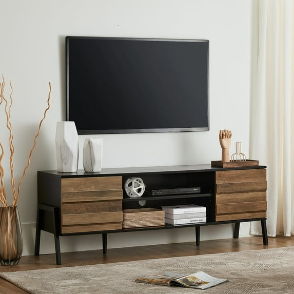 WAMPAT Mid Century TV Stand for TVs up to 65" Wood Entertainment Center Modern TV Console with Storage for Living Room Black/Brown