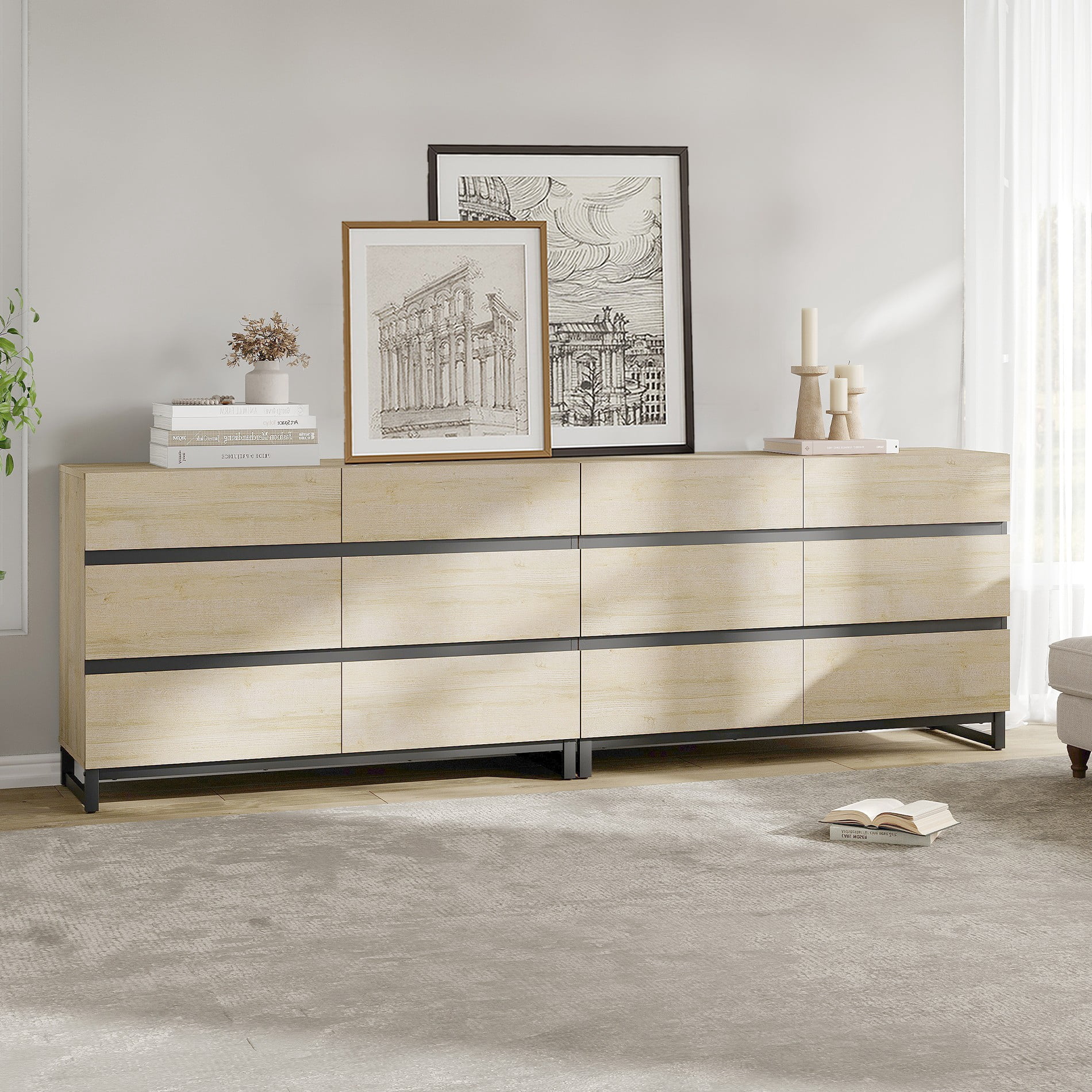 WAMPAT Modern 12-Drawer Wooden Dresser, Large Chest of Drawers with Sturdy Metal Base, Freestanding Closet Storage Organizer for Bedroom Living Room, Beige