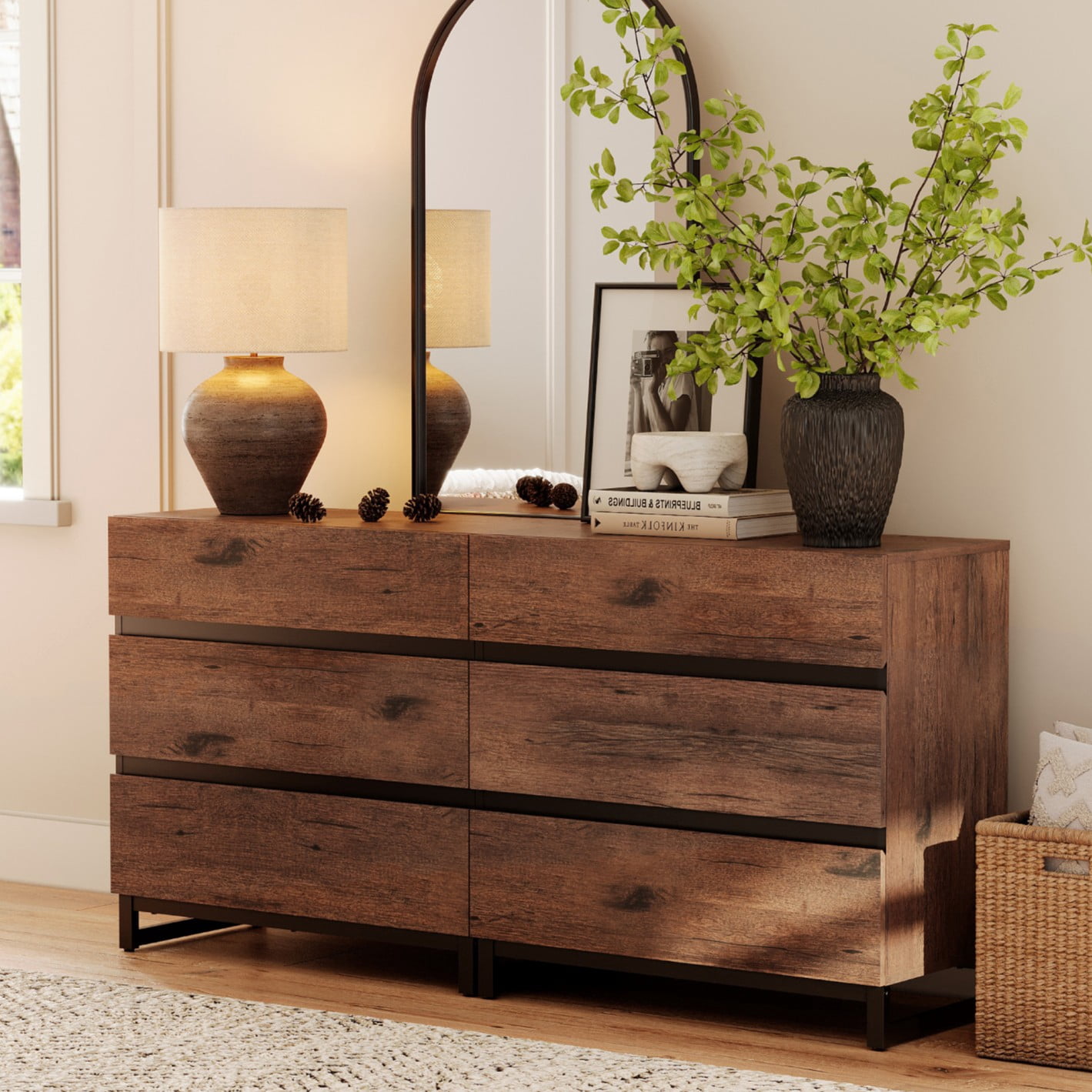 WAMPAT Modern 6-Drawer Wooden Dresser, Large Chest of Drawers with Sturdy Metal Base, Freestanding Closet Storage Organizer for Bedroom Living Room, Brown