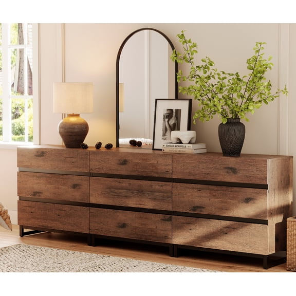 WAMPAT Modern 9-Drawer Chest of Drawers, Extra Large Wooden Dresser with Concealed Handles and Reinforced Metal Base, Freestanding Closet Storage Organizer for Bedroom Living Room, Brown