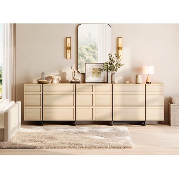 WAMPAT Modern 18-Drawers Dresser for Bedroom, Wooden Chest of Drawers with T-Shaped Wood Legs, Storage Cabinet and Closet Organizer for Bedroom, Hallway, Living Room, Light Oak