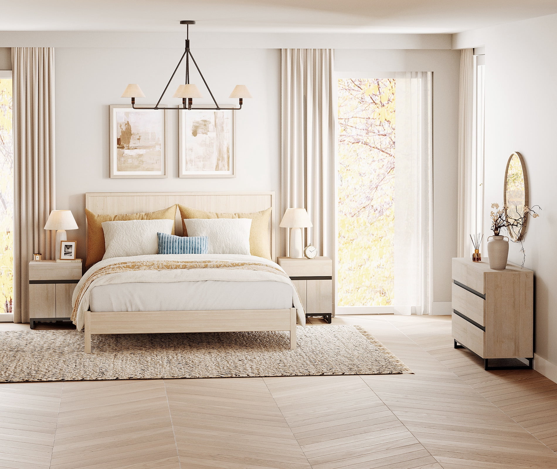WAMPAT Modern 3-Piece Bedroom Furniture Set, 47 Inch Dresser with 6 Drawers & 2 Nightstands with Drawer and Cabinet Design, Beige