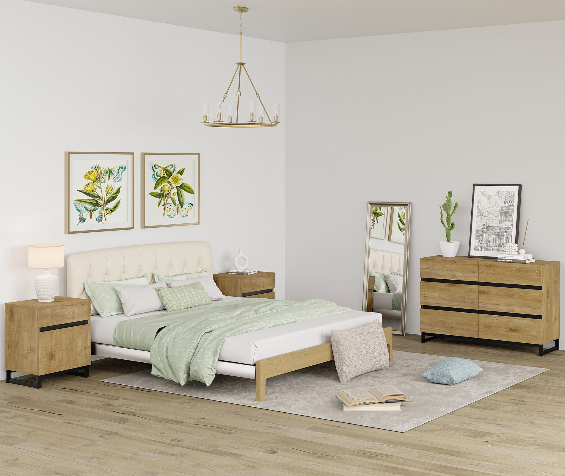 WAMPAT Modern 3-Piece Bedroom Furniture Set, 47 Inch Dresser with 6 Drawers & 2 Nightstands with Drawer and Cabinet Design, Oak