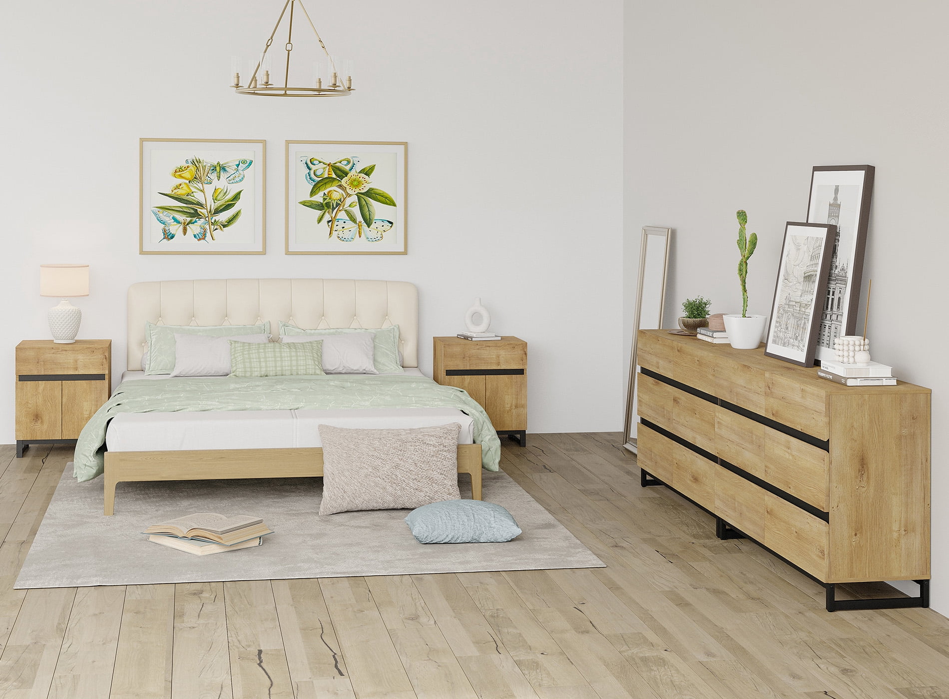 WAMPAT Modern 4-Piece Bedroom Furniture Set, 94.5 Inch Dresser with 12 Drawers & 2 Nightstands with Drawer and Cabinet Design, Oak