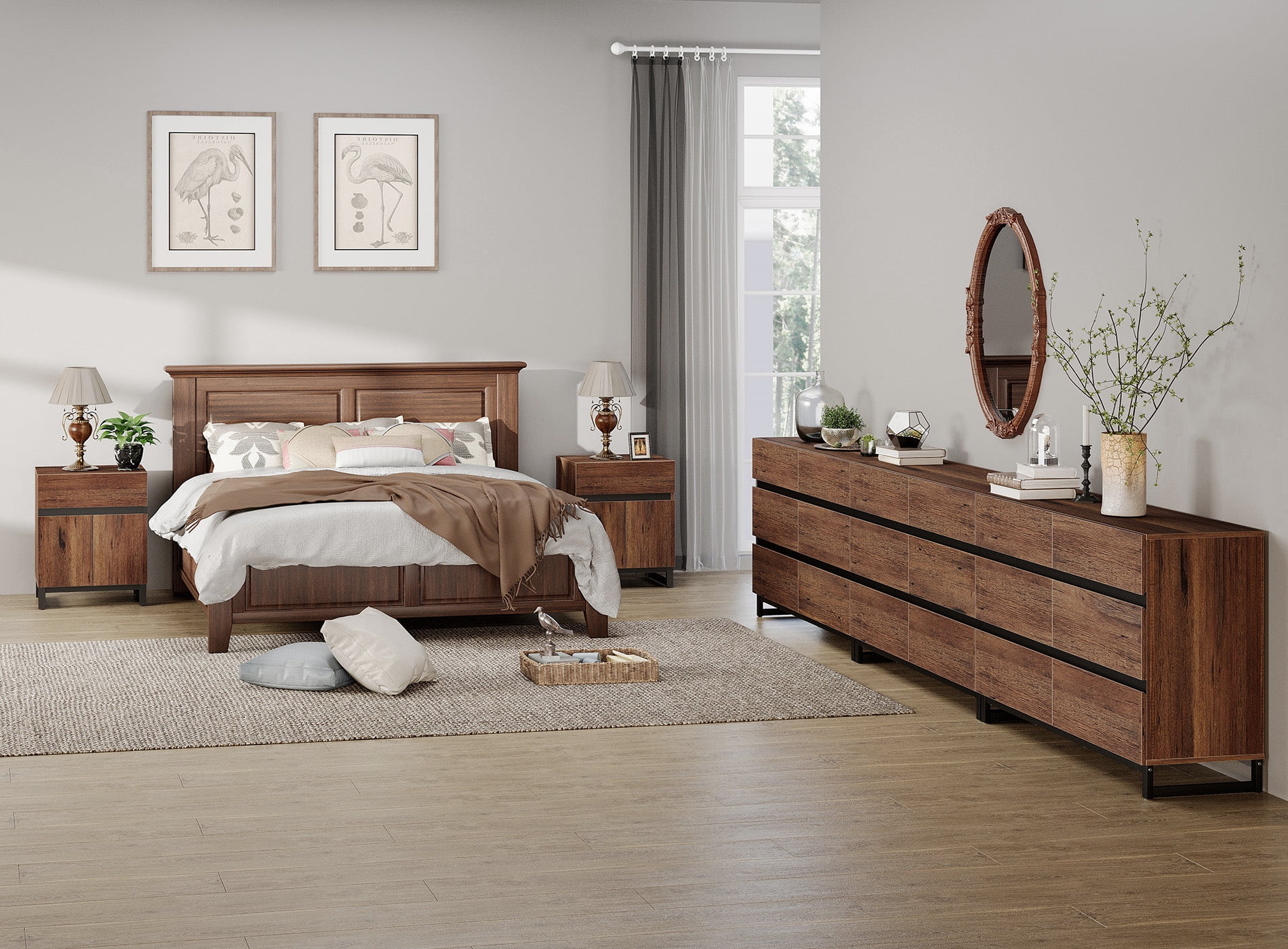 WAMPAT Modern 5-Piece Bedroom Furniture Set, 142 Inch Dresser with 18 Drawers & 2 Nightstands with Drawer and Cabinet Design, Brown
