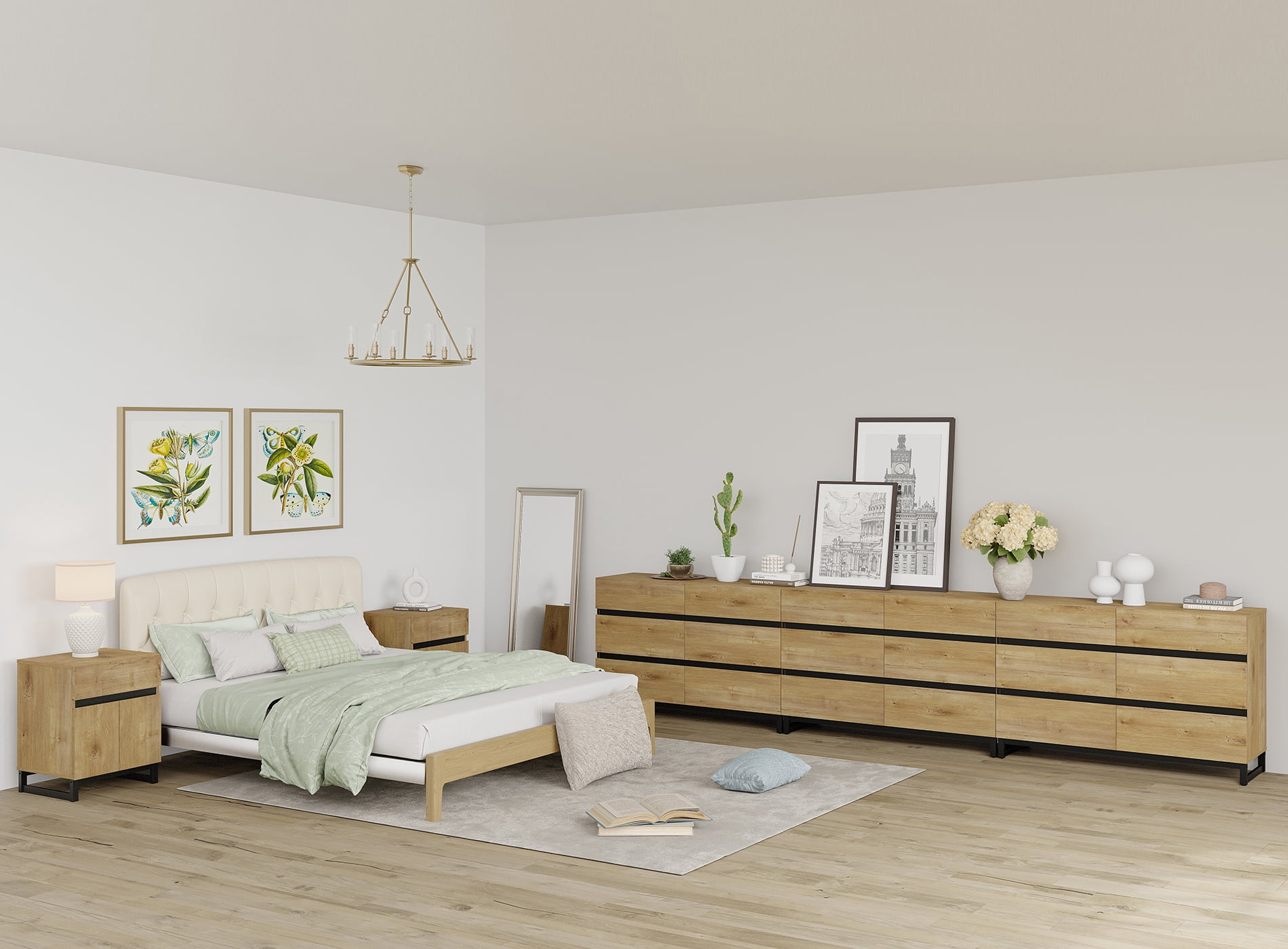 WAMPAT Modern 5-Piece Bedroom Furniture Set, 142 Inch Dresser with 18 Drawers & 2 Nightstands with Drawer and Cabinet Design, Oak