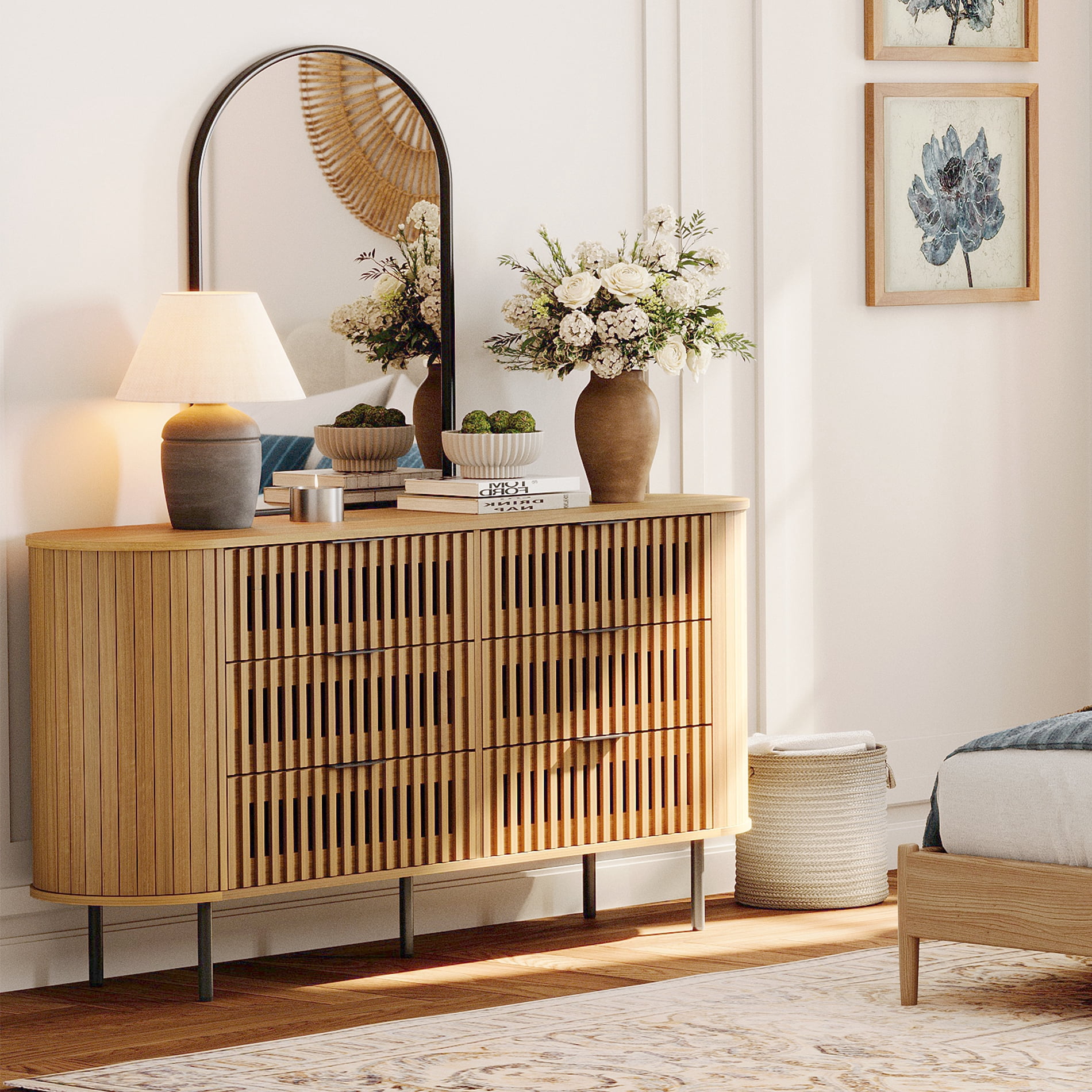 WAMPAT Modern 6 Drawer Dresser, Fluted Tall Wood Chest of Drawers for Bedroom, Living Room, Oak