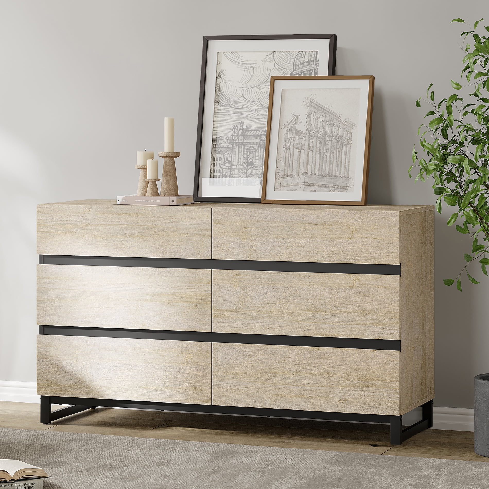 WAMPAT Modern 6-Drawer Dresser, Wooden Chest of Drawers with Concealed Handles and Sturdy Metal Base, Multifunctional Closet Storage Organizer for Bedroom Living Room, Beige