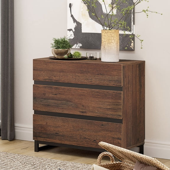 WAMPAT Modern 3-Drawer Dresser, Wooden Chest of Drawers with Concealed Handles and Sturdy Metal Base, Multifunctional Closet Storage Organizer for Bedroom Living Room, Brown
