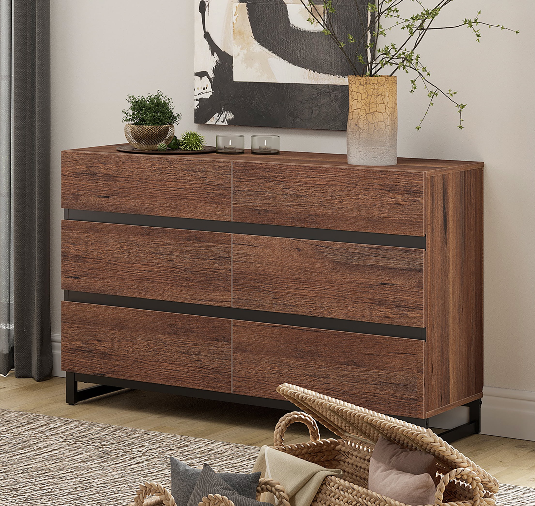 WAMPAT Modern 6-Drawer Dresser, Wooden Chest of Drawers with Concealed Handles and Sturdy Metal Base, Multifunctional Closet Storage Organizer for Bedroom Living Room, Brown