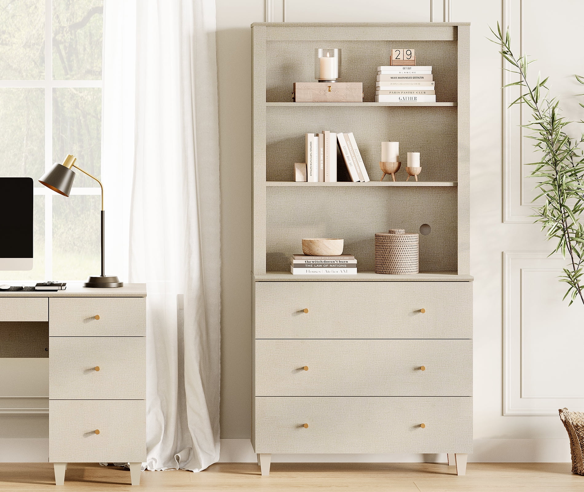 WAMPAT Modern 71 Inches Tall Bookcase with 3 Drawers, 3-Tier,Beige