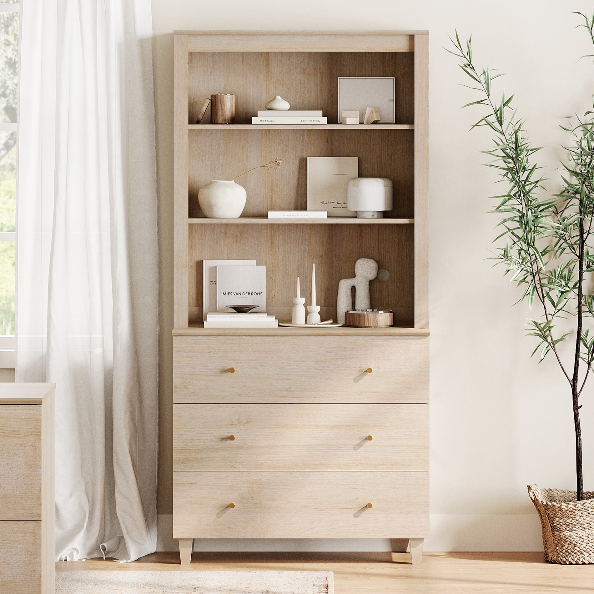 WAMPAT Modern 71 Inches Tall Bookcase with 3 Drawers, 3-Tier,Light Oak