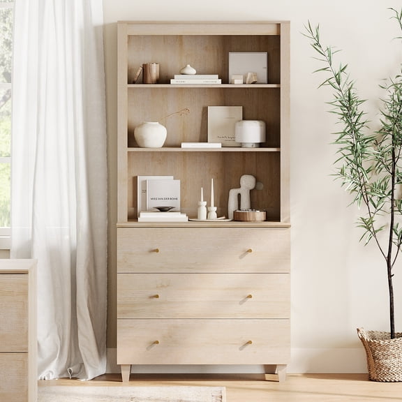 WAMPAT Modern 71 Inches Tall Bookcase with 3 Drawers, 3-Tier,Light Oak