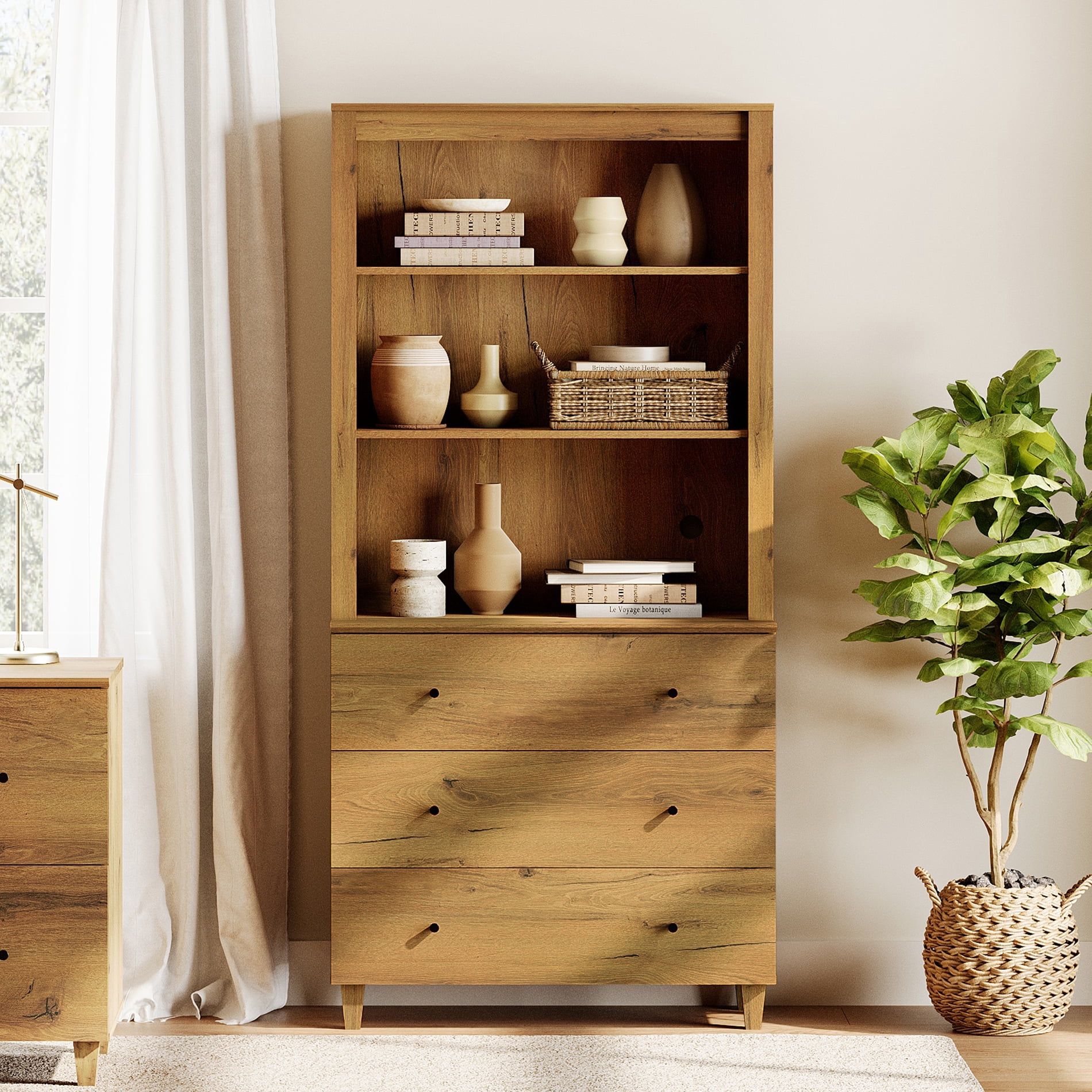 WAMPAT Modern 71 Inches Tall Bookcase with 3 Drawers, 3-Tier,Oak Brown