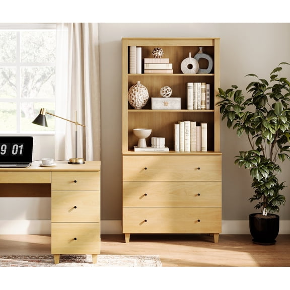 WAMPAT Modern 71 Inches Tall Bookcase with 3 Drawers, 3-Tier,Oak