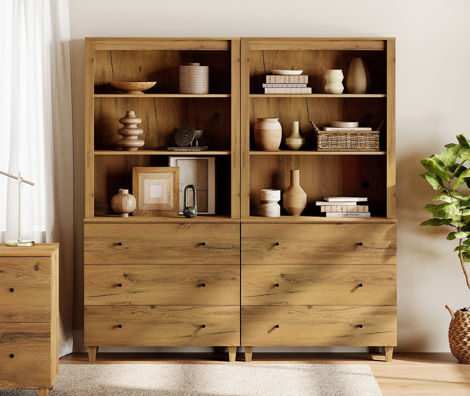 WAMPAT Modern 71" Tall Bookcase with 6 Drawers, 2 Columns 3-Tier,Oak Brown