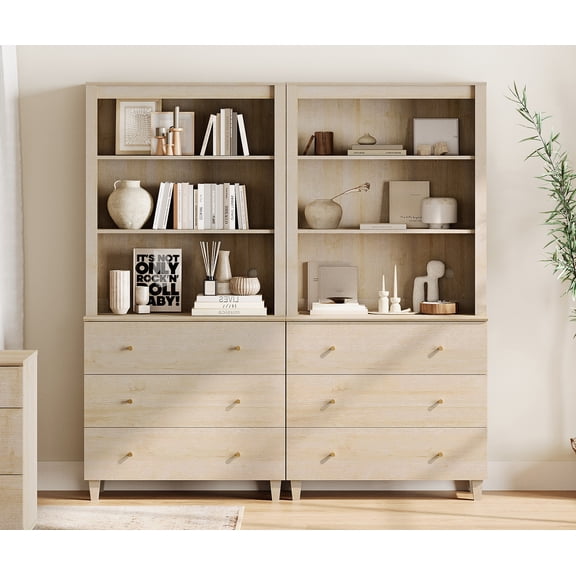 WAMPAT Modern 71" Tall Bookcase with 6 Drawers & Open Shelves, 2 Column 3-Tier Bookshelf with Adjustable Shelf for Home Office,Light Oak