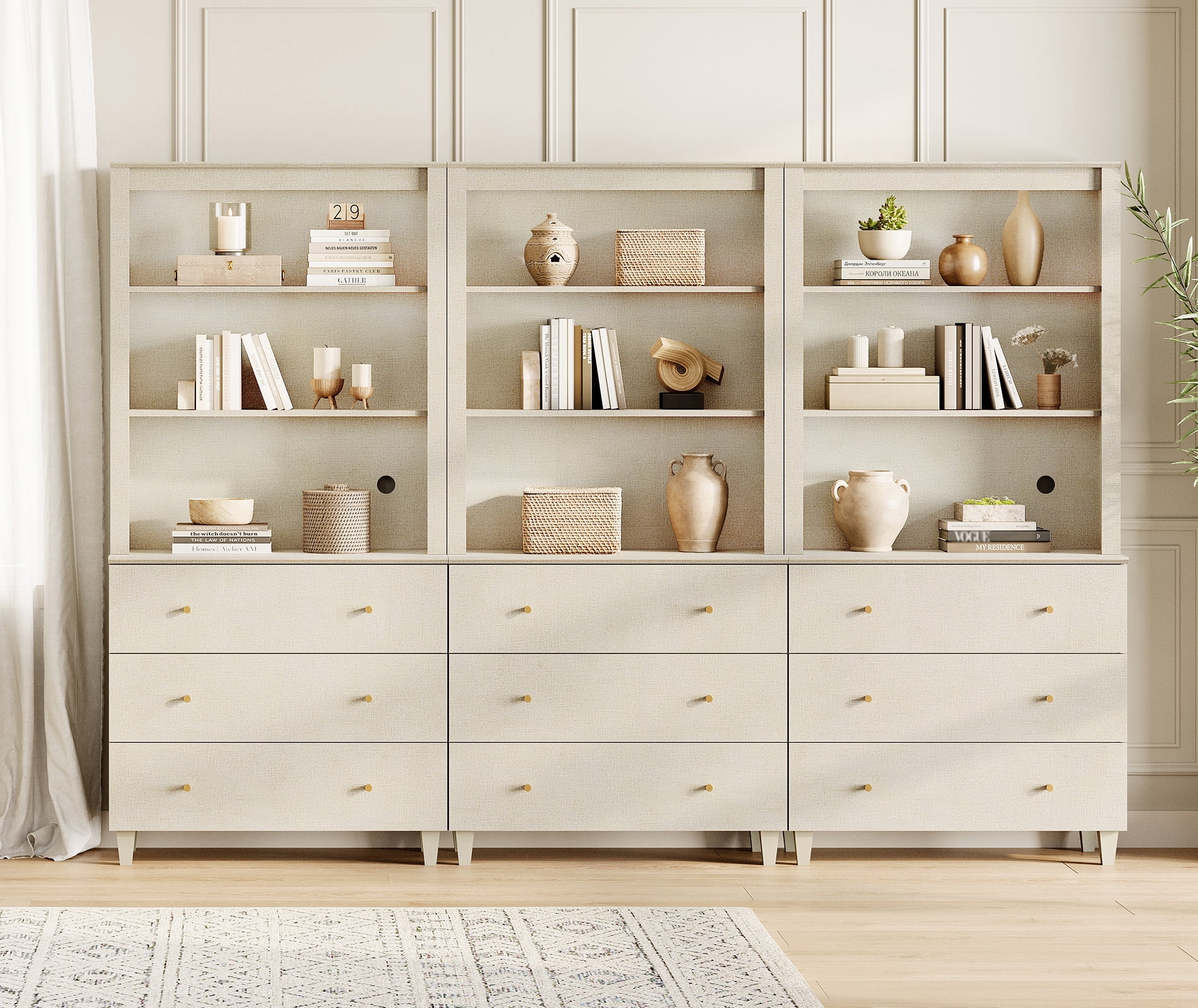 WAMPAT Modern 71" Tall Bookcase with 9 Drawers, 3 Columns 3-Tier,Beige