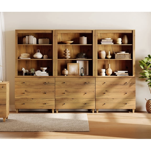 WAMPAT Modern 71" Tall Bookcase with 9 Drawers & Open Shelves, 3 Column 3-Tier Bookshelf with Adjustable Shelf for Home Office,Oak Brown