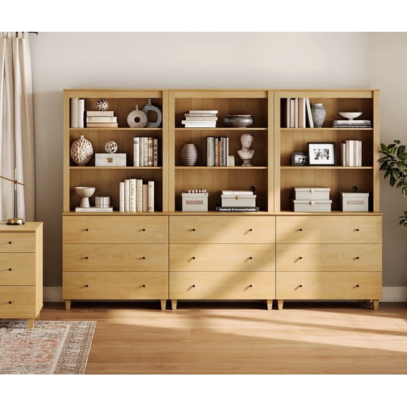 WAMPAT Modern 71" Tall Bookcase with 9 Drawers & Open Shelves, 3 Column 3-Tier Bookshelf with Adjustable Shelf for Home Office,Oak