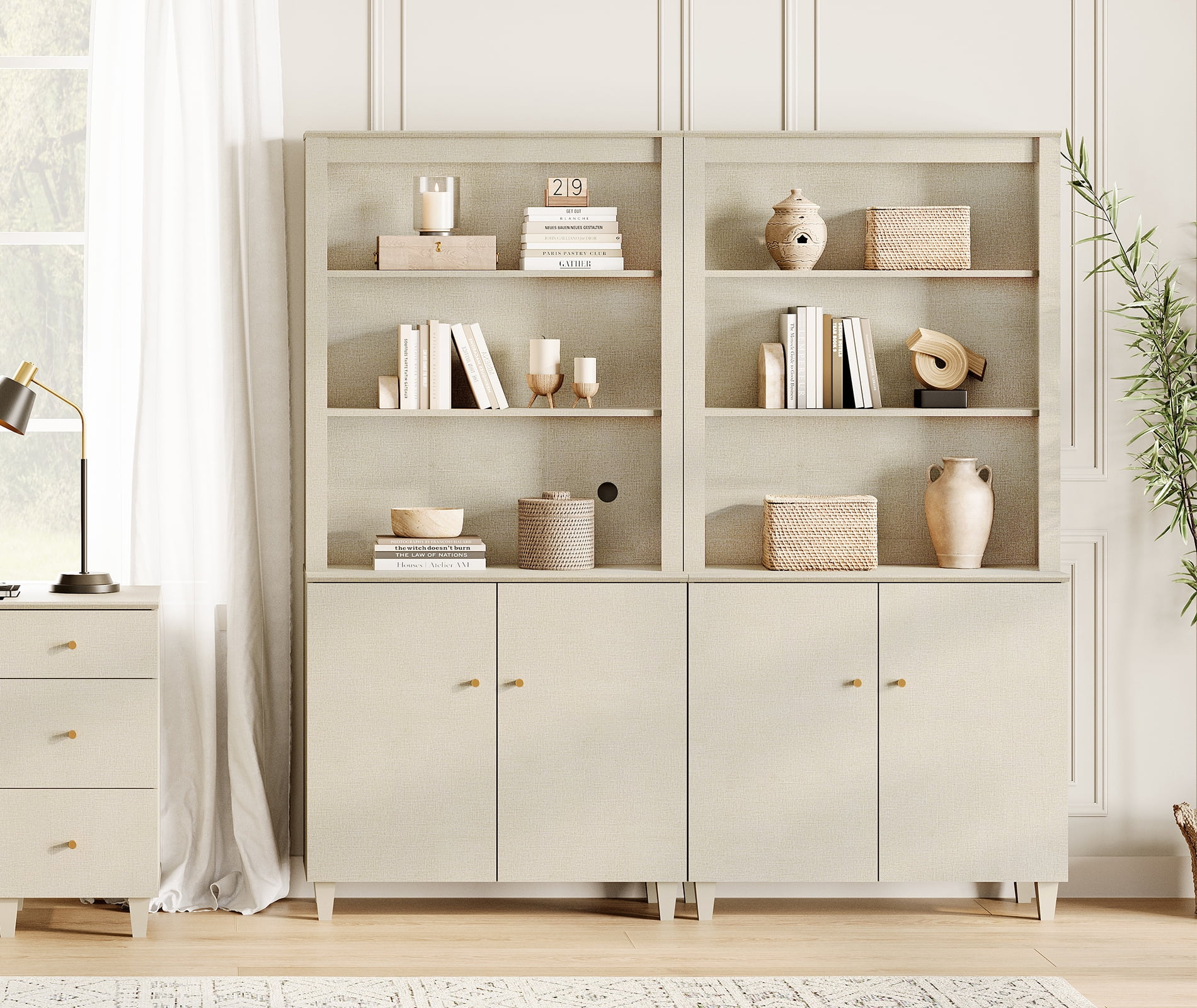 WAMPAT Modern 71" Tall Bookcase with Cabinets, 2 Column 5 Tiers,Beige