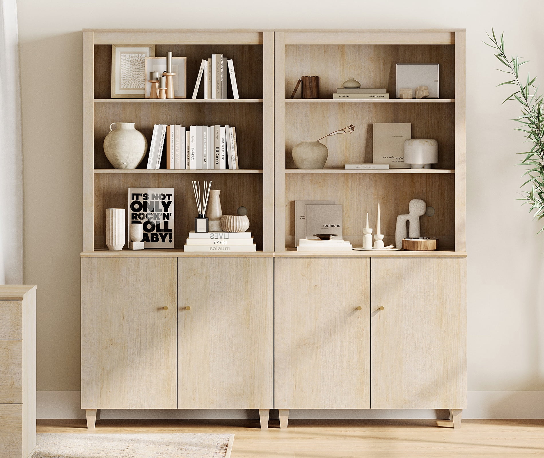 WAMPAT Modern 71" Tall Bookcase with Cabinets, 2 Column 5 Tiers,Light Oak