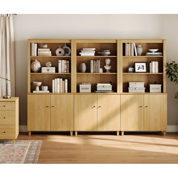 WAMPAT Modern 71" Tall Bookcase with Cabinets, 3 Columns 5-Tier,Oak