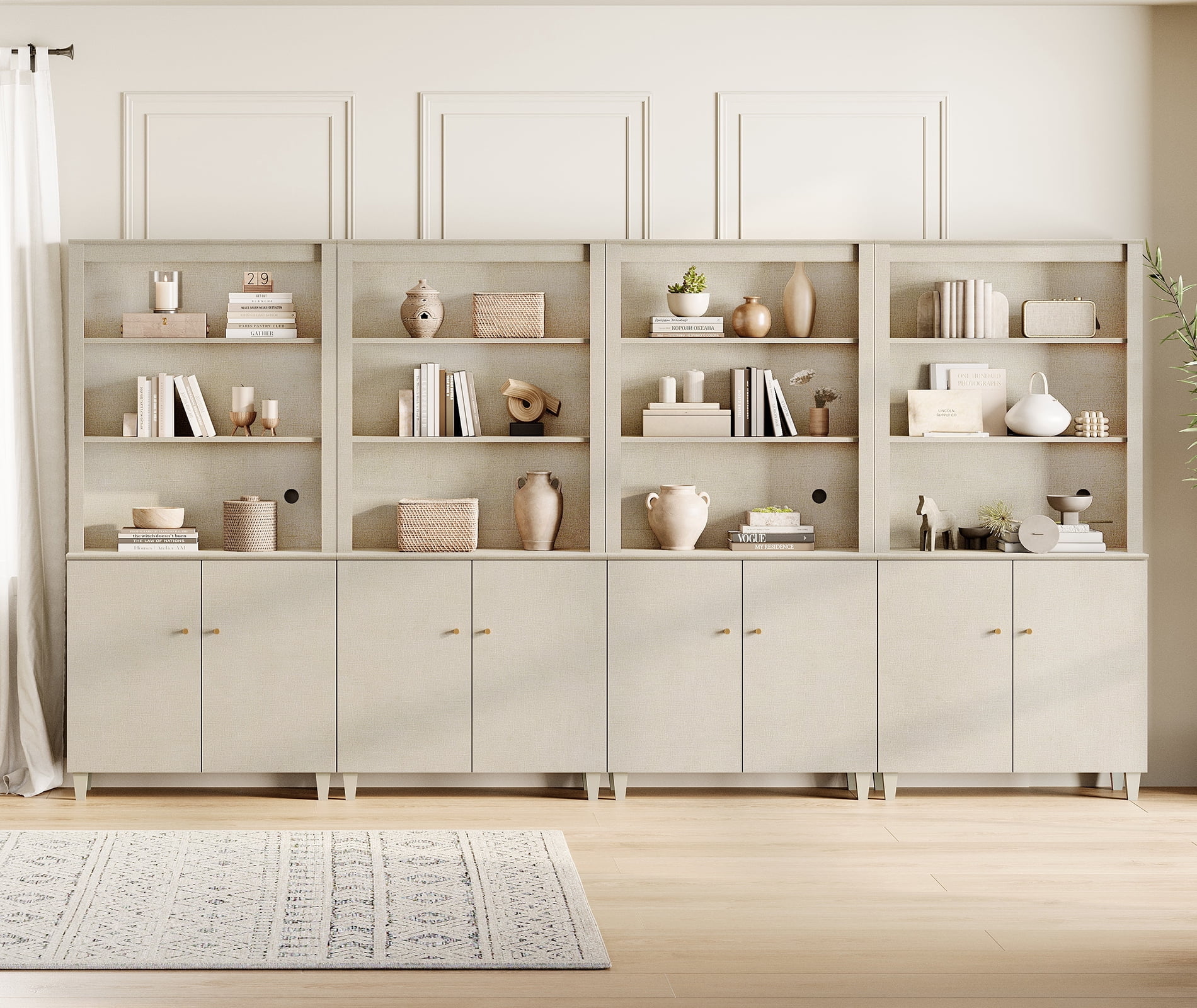 WAMPAT Modern 71" Tall Bookcase with Cabinets, 4 Columns 5-Tier,Beige