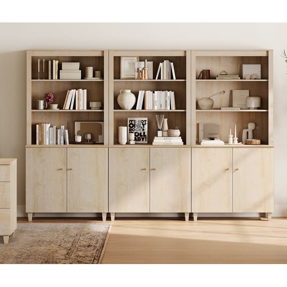 WAMPAT Modern 71" Tall Bookcase with Doors & Storage Cabinets, 3 Column 5-Tier Bookshelf with Adjustable Shelf for Home Office,Light Oak