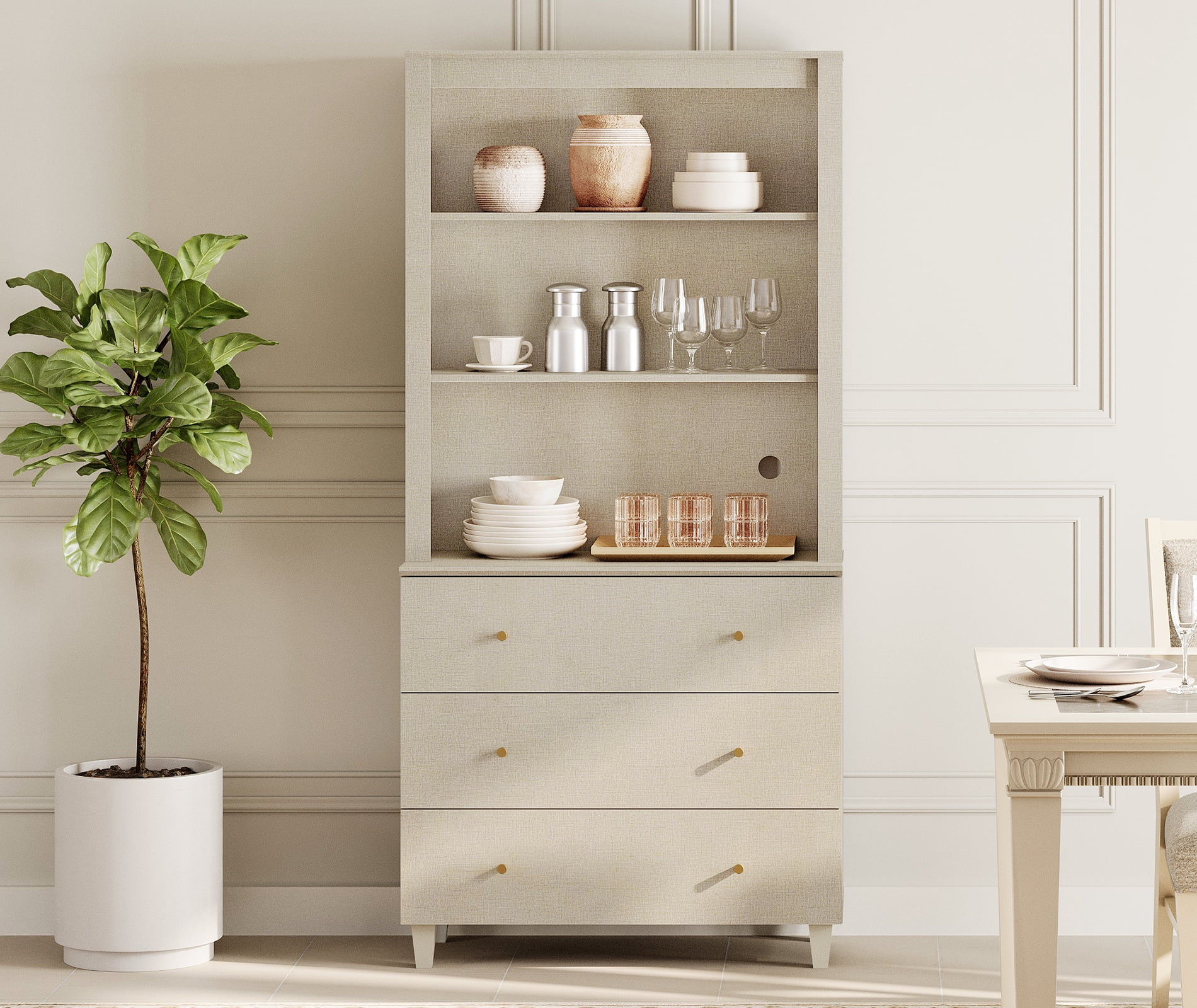 WAMPAT Modern 71" Tall Pantry Cabinet with 3 Smooth-Glide Drawers & Adjustable Shelf for Dining Room, Beige Linen Printed