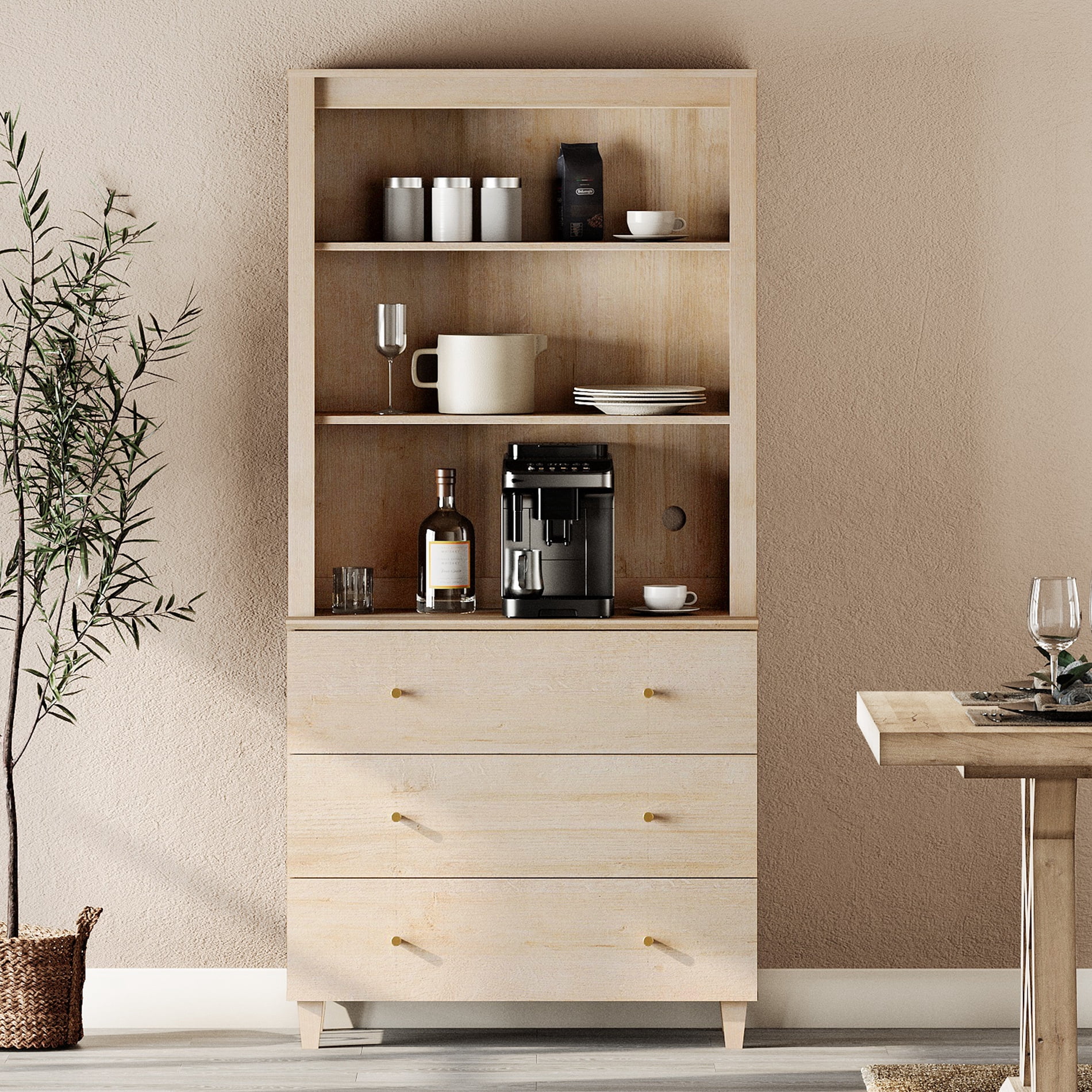 WAMPAT Modern 71" Tall Pantry Cabinet with 3 Smooth-Glide Drawers & Adjustable Shelf for Dining Room, Natural Oak