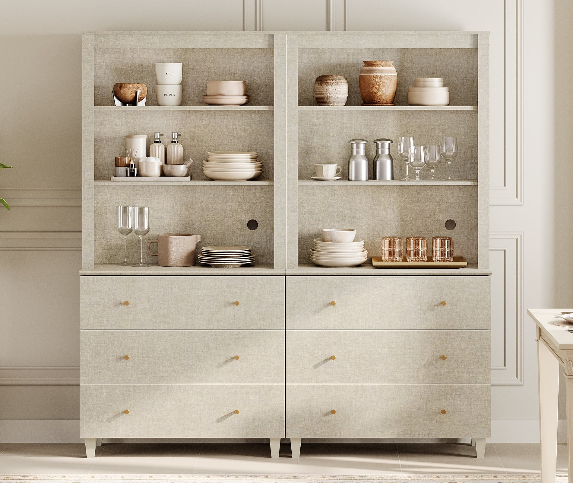 WAMPAT Modern 71" Tall Pantry Cabinet with 6 Smooth-Glide Drawers & Adjustable Shelf for Dining Room, Beige Linen Printed