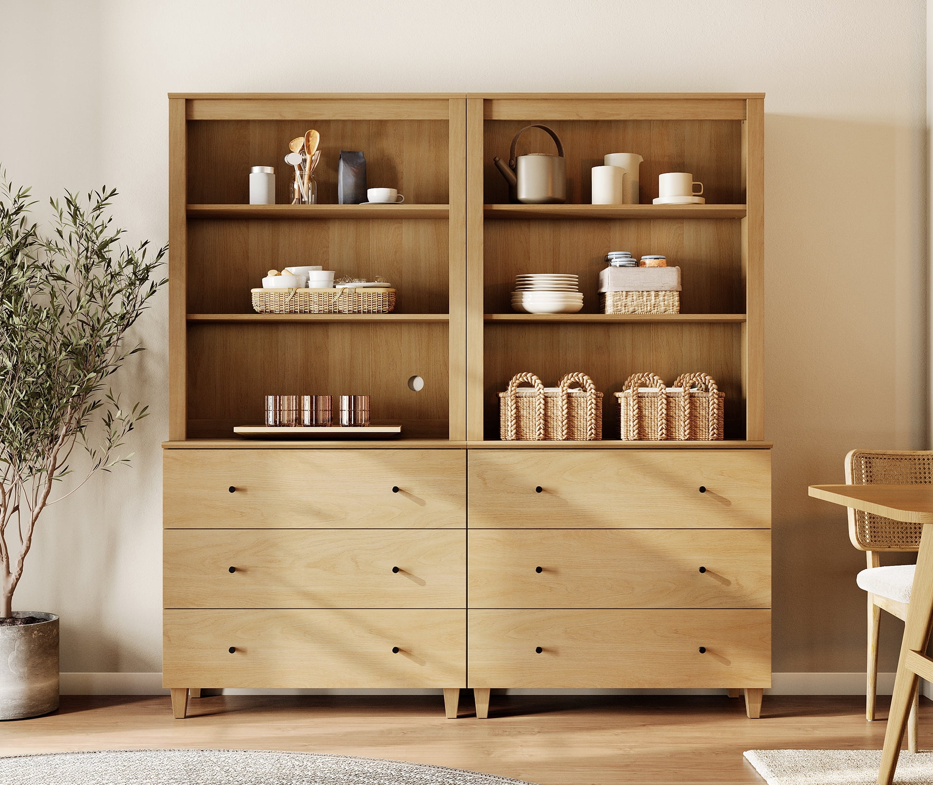 WAMPAT Modern 71" Tall Pantry Cabinet with 6 Smooth-Glide Drawers & Adjustable Shelf for Dining Room, Oak Wood