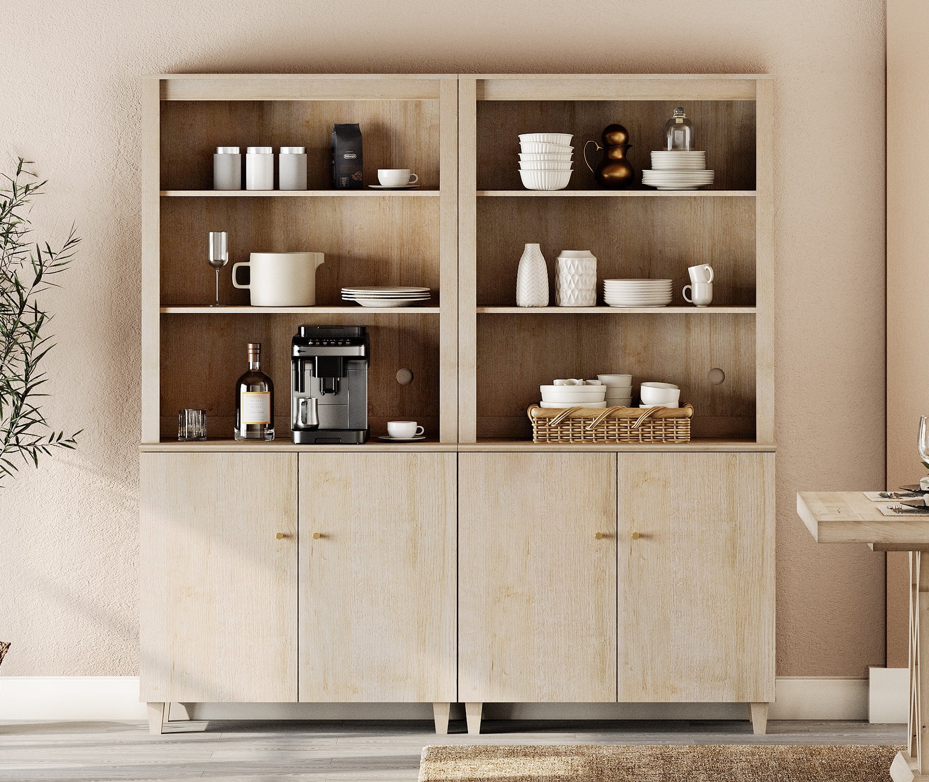 WAMPAT Modern 71" Tall Pantry Cabinet with Doors and Adjustable Shelves for Dining Room, 2-Column 5-Tier, Natural Oak