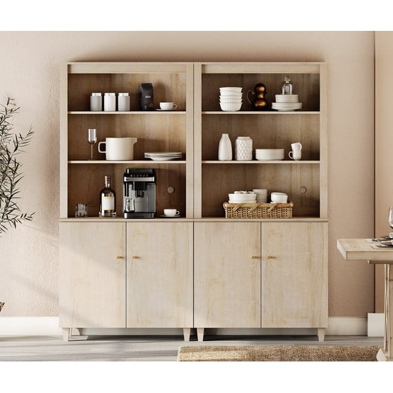 WAMPAT Modern 71" Tall Pantry Cabinet with Doors and Adjustable Shelves for Dining Room, 2-Column 5-Tier, Natural Oak