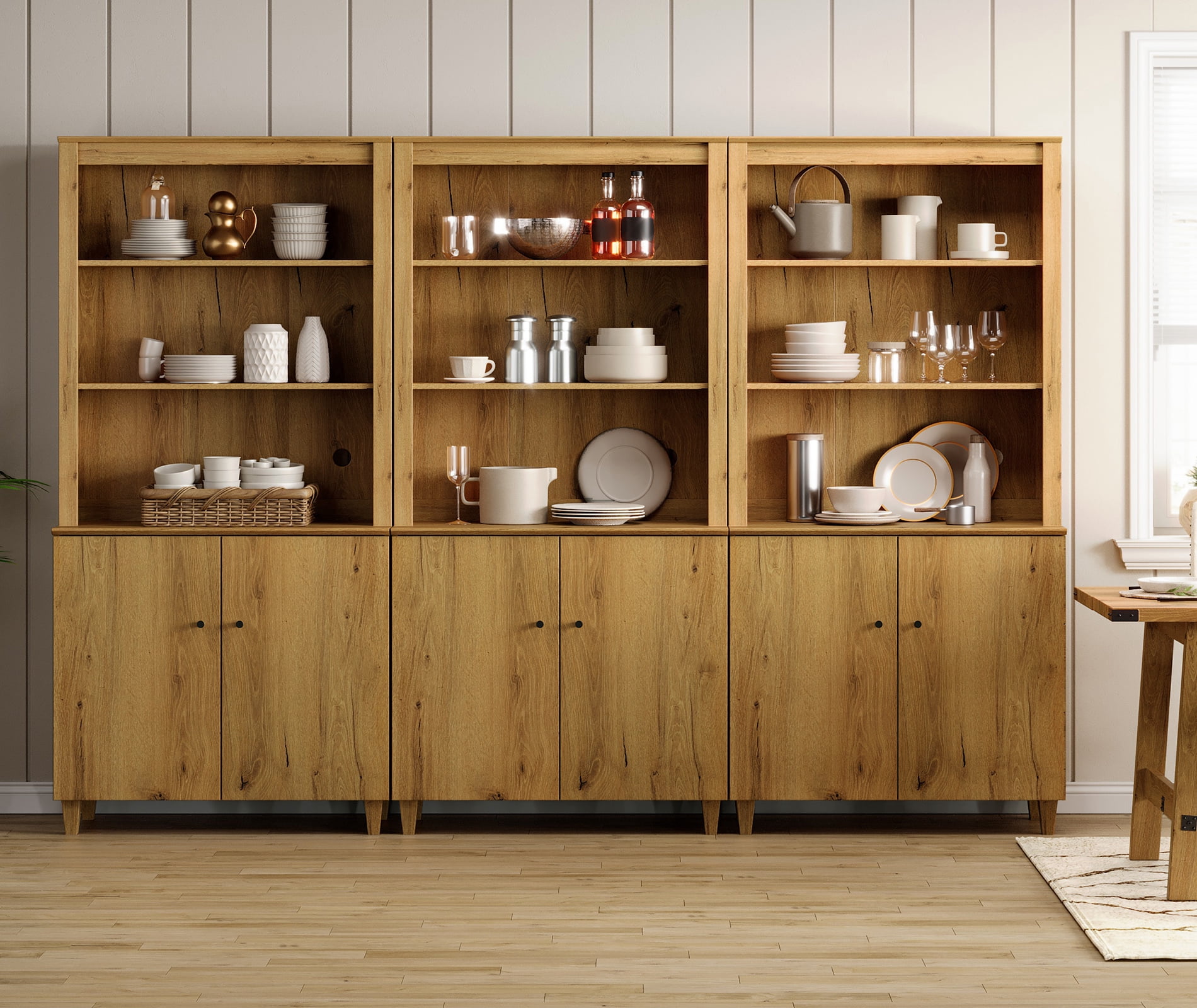 WAMPAT Modern 71" Tall Pantry Cabinet with Doors and Adjustable Shelves for Dining Room, 3-Column 5-Tier, Dark Brown Wood