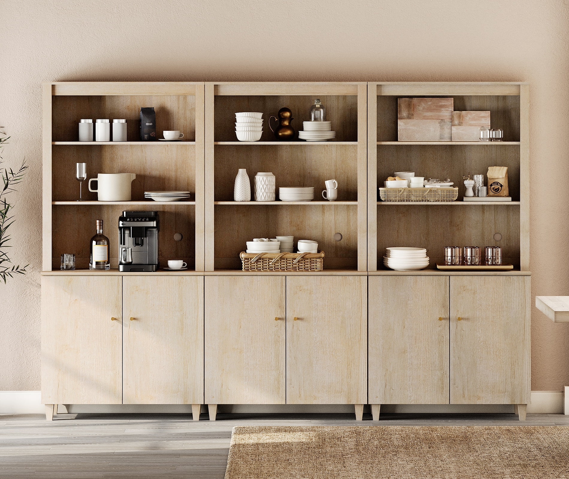WAMPAT Modern 71" Tall Pantry Cabinet with Doors and Adjustable Shelves for Dining Room, 3-Column 5-Tier, Natural Oak