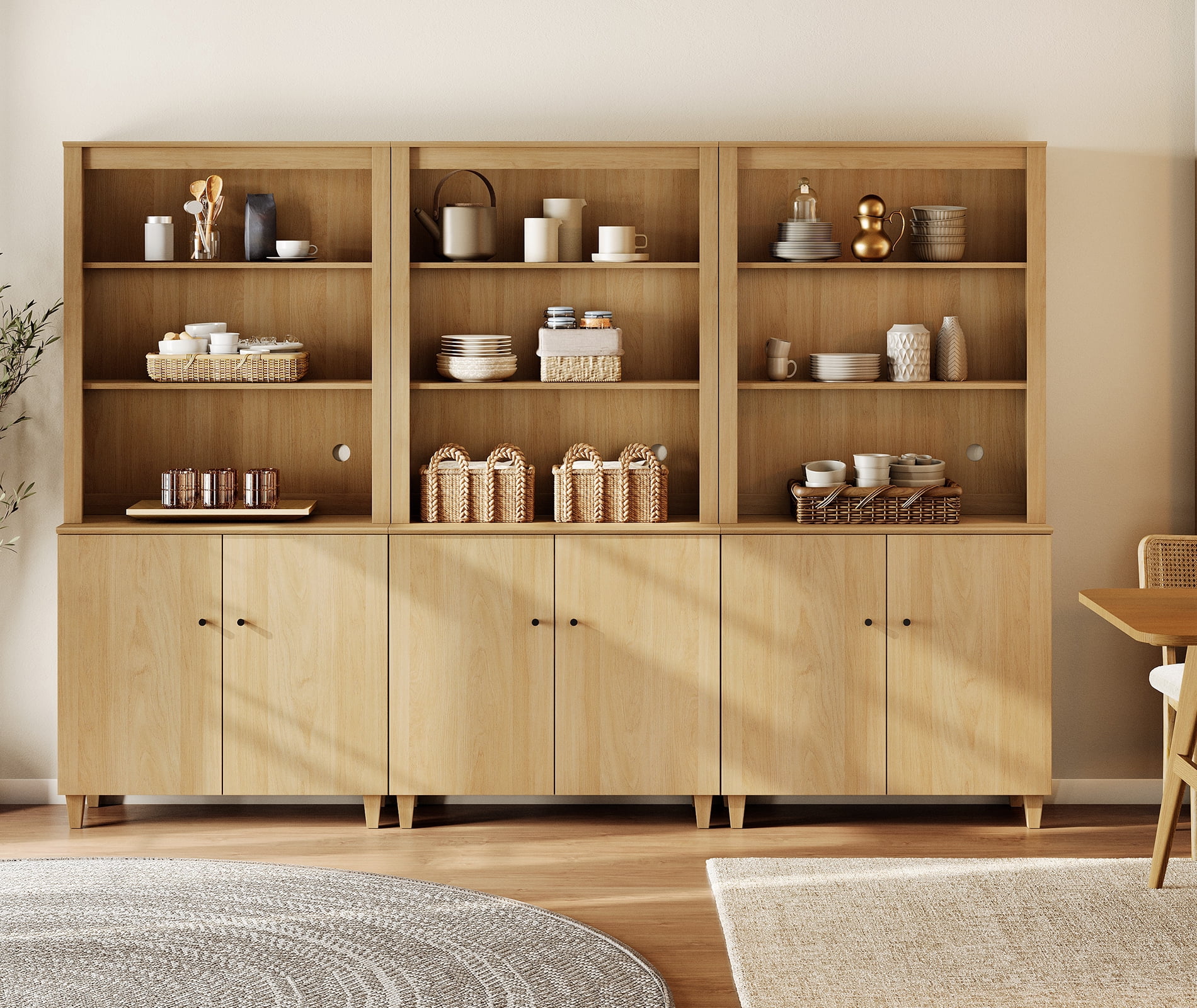 WAMPAT Modern 71" Tall Pantry Cabinet with Doors and Adjustable Shelves for Dining Room, 3-Column 5-Tier, Oak Wood