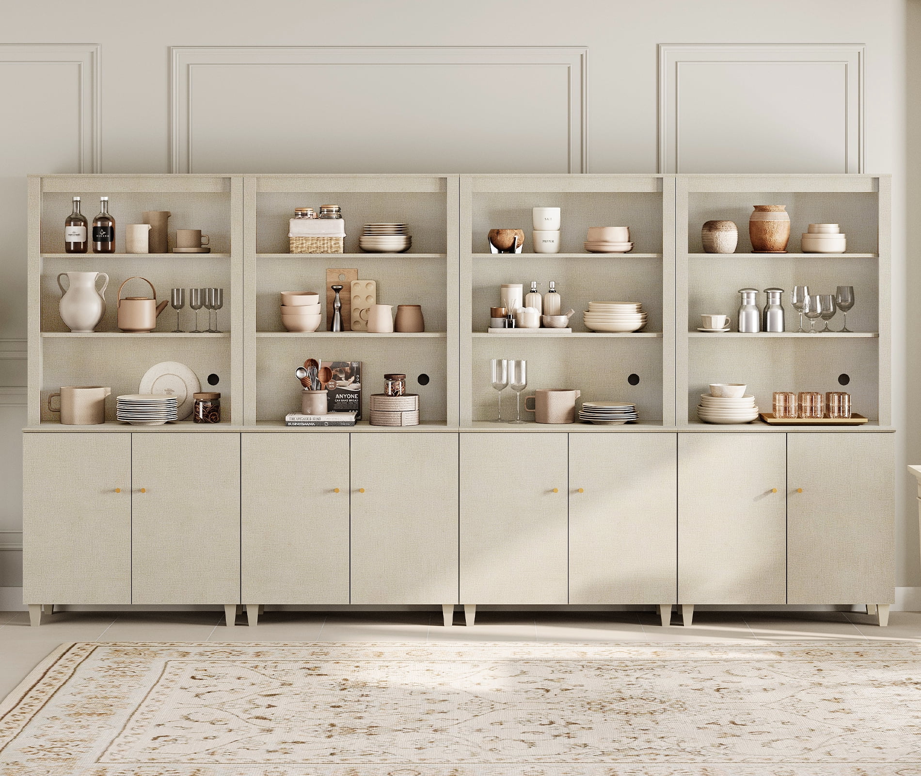 WAMPAT Modern 71" Tall Pantry Cabinet with Doors and Adjustable Shelves for Dining Room, 4-Column 5-Tier, Beige Linen Printed