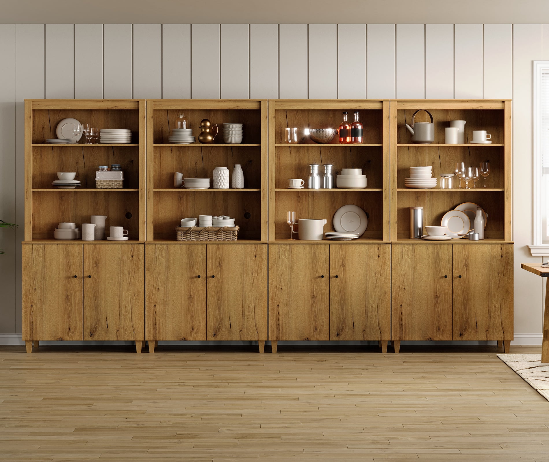WAMPAT Modern 71" Tall Pantry Cabinet with Doors and Adjustable Shelves for Dining Room, 4-Column 5-Tier, Dark Brown Wood