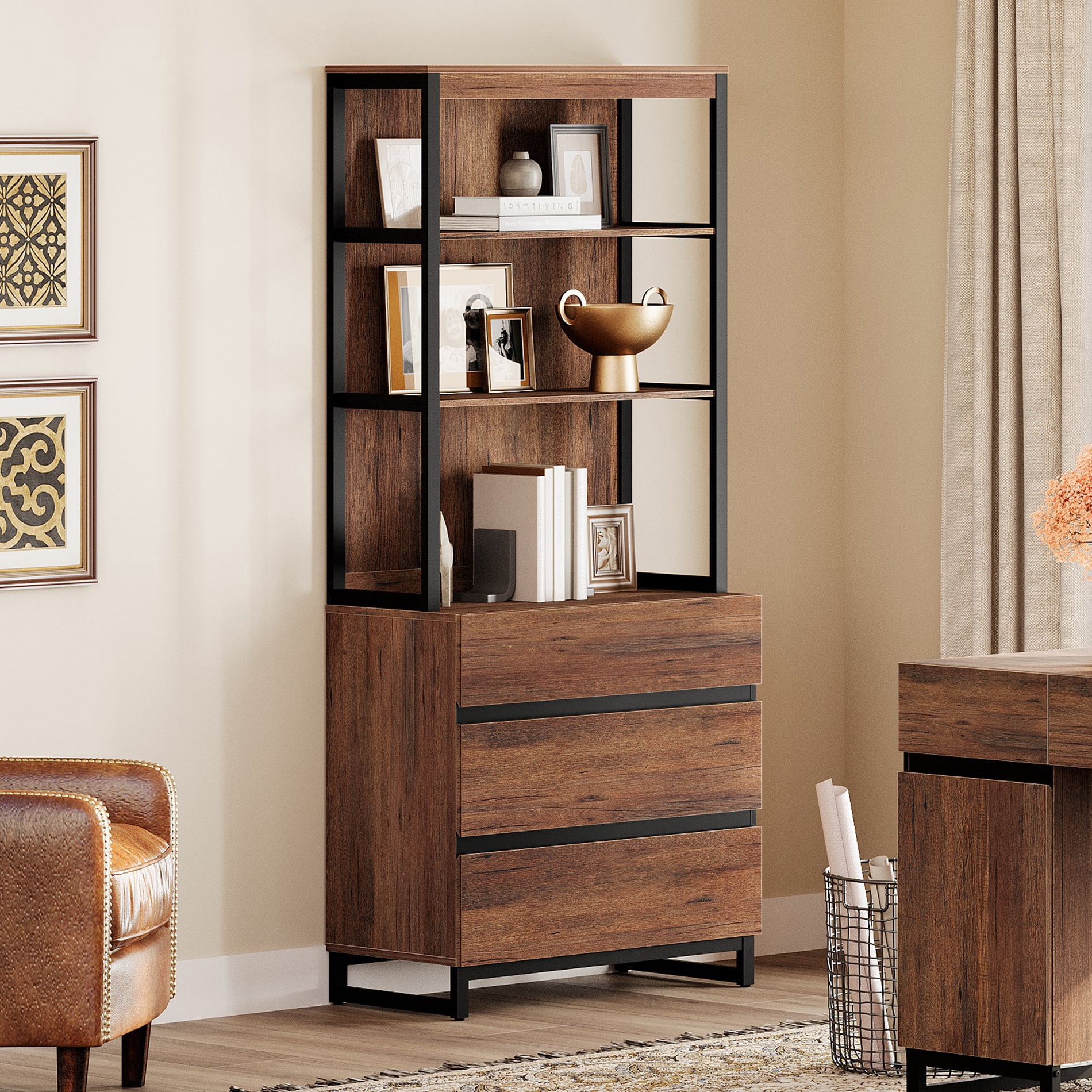 WAMPAT Modern 72" Tall Bookcase with 3 Drawers and Open Book Shelfs, Library Book Shelf with Storage Cabinet, Wood Freestanding Bookshelf for Home Office, Living Room,Brown