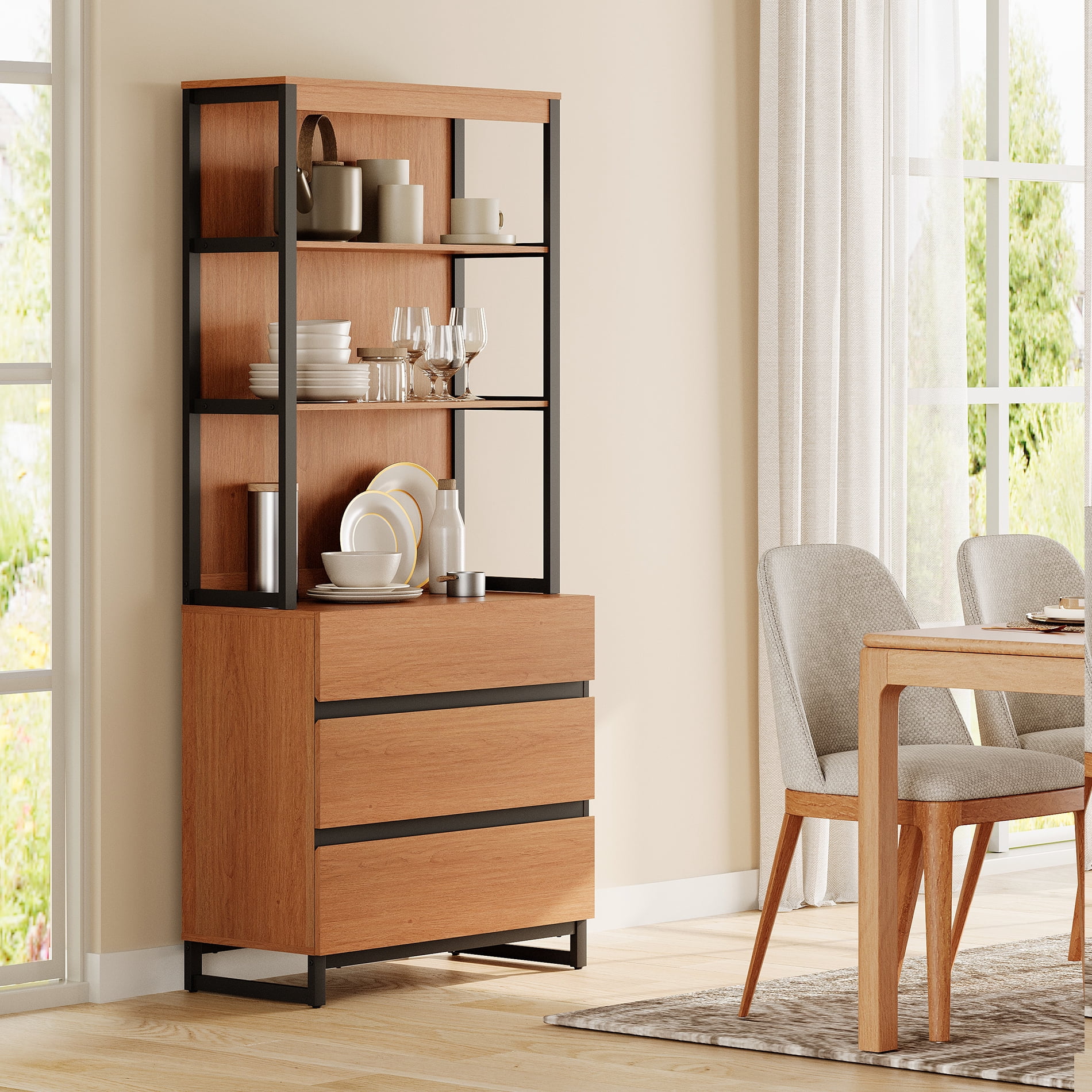 WAMPAT Modern 72" Tall Bookcase with 3 Drawers and Open Book Shelfs, Library Book Shelf with Storage Cabinet, Wood Freestanding Bookshelf for Home Office, Living Room, Mocha