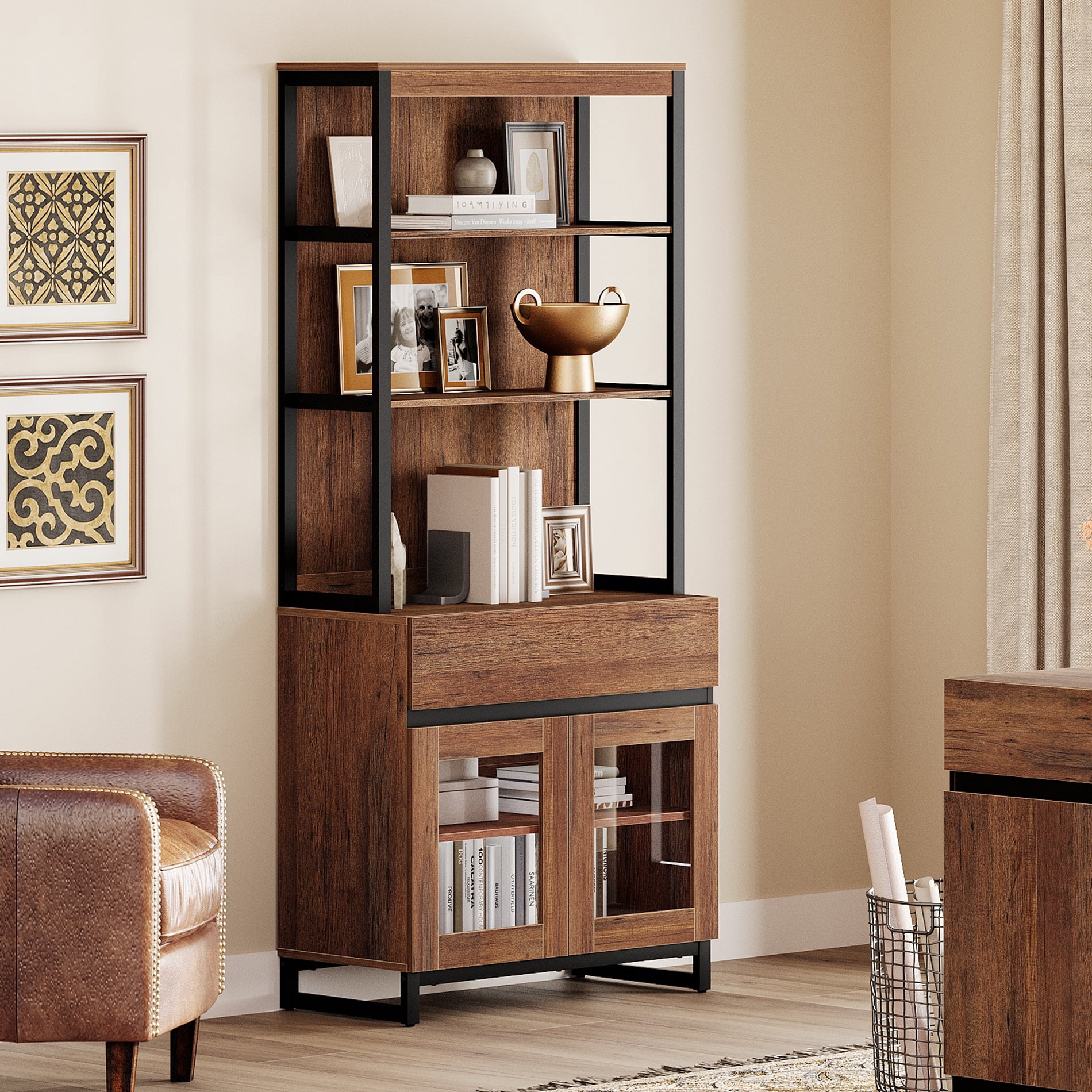 WAMPAT Modern 72" Tall Bookcase with Drawer and Open Book Shelfs, Library Book Shelf with Glass Doors Storage Cabinet, Wood Freestanding Bookshelf for Home Office, Living Room, Brown